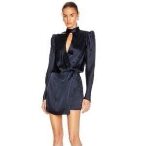 Frame Silk Wrap Dress Women’s XS Navy Blue Mini Mock Neck Long Sleeve Party